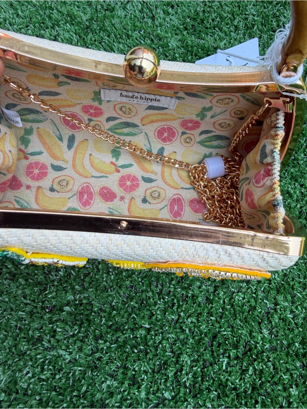 Haute Hippie Cream Mini Straw Top-Handle Bag with Yellow Fruit Appliqués - Picture 3 of 3